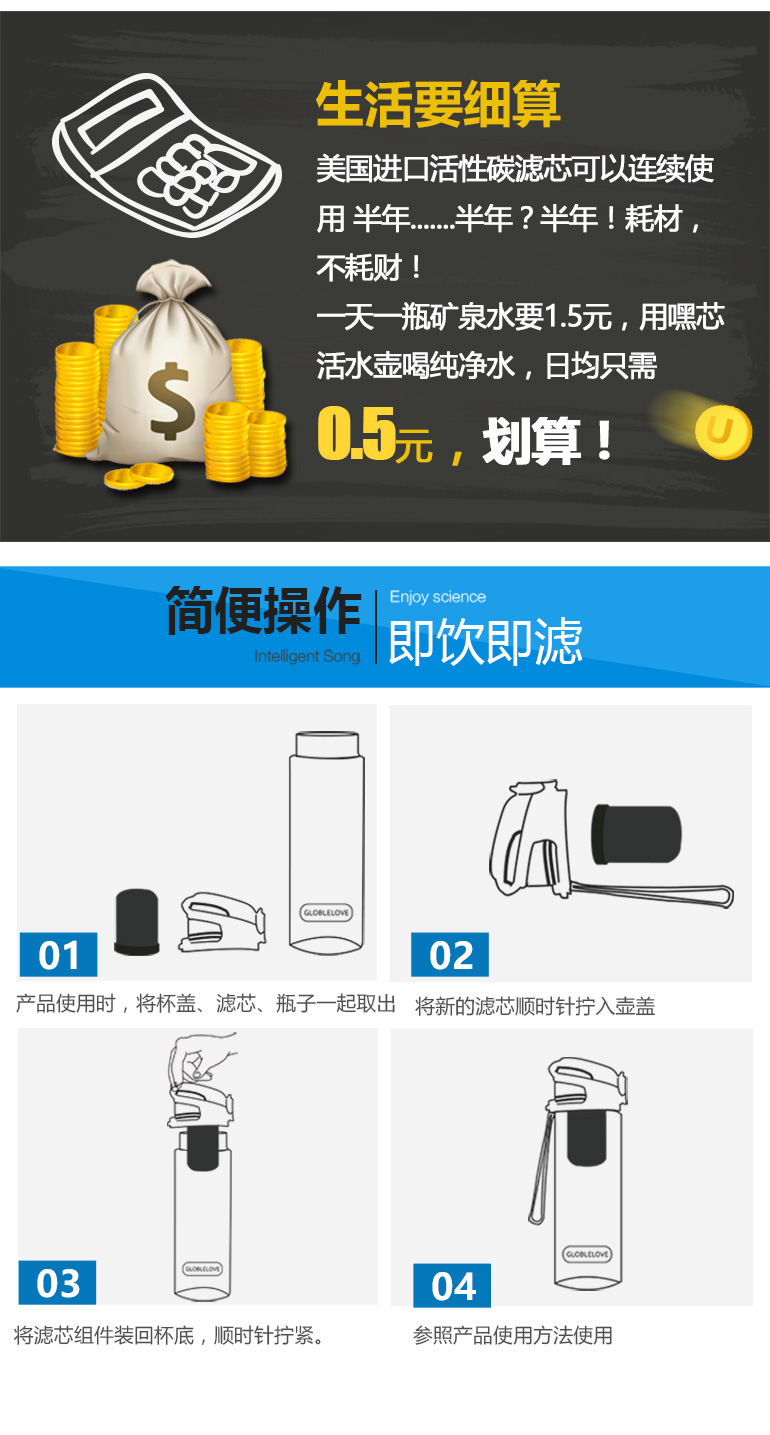 愛地球嘿寶活性炭過濾凈水杯學(xué)生運(yùn)動(dòng)水壺直飲弱堿性水小口便攜