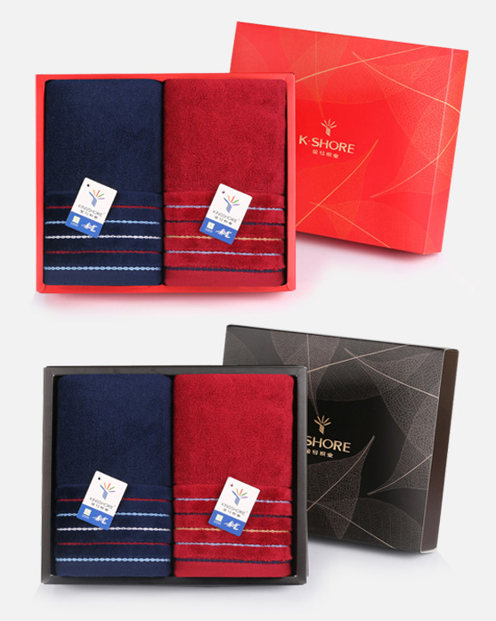 金號真彩毛巾、面巾二條禮盒裝（深藍(lán)/紅）