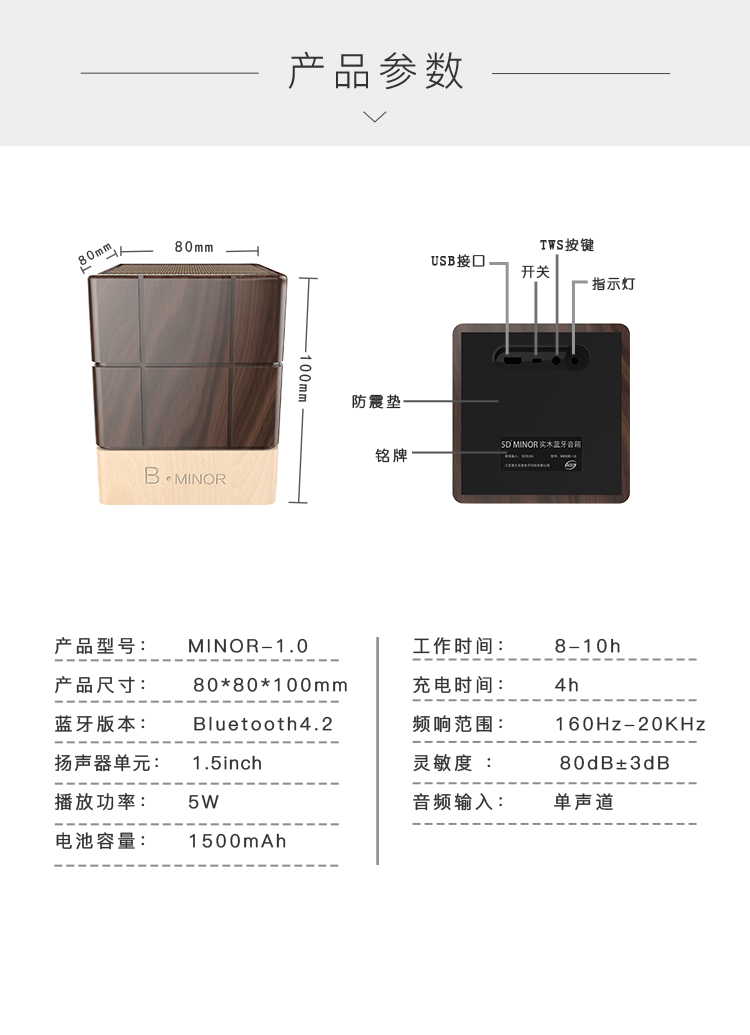 新5D Minor巧克力手機無線藍牙木質(zhì)桌面音箱胡桃木對箱精致禮品