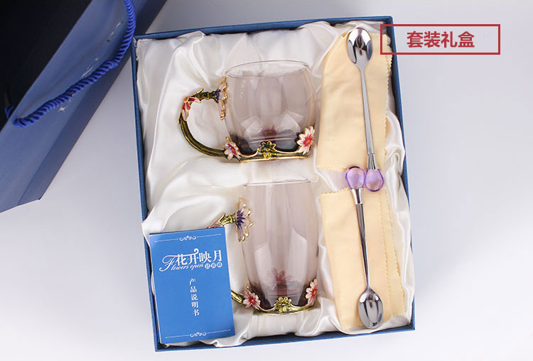 創(chuàng)意琺瑯彩玻璃水杯、情侶茶杯、花茶杯情人節(jié)禮物（對(duì)杯）