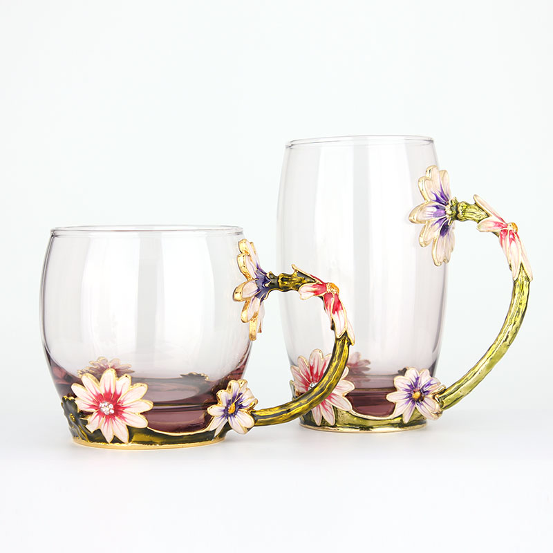創(chuàng)意琺瑯彩玻璃水杯、情侶茶杯、花茶杯情人節(jié)禮物（對(duì)杯）