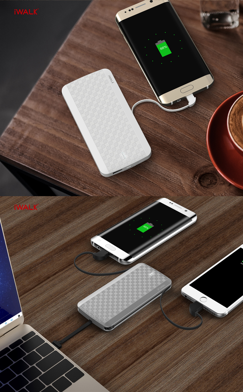 iWalkT08充電寶蘋果專用iphone5/6S/7PLUS超薄聚合物帶線移動電源