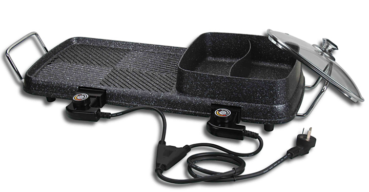 加厚壓鑄鍋體，雙發(fā)熱電源烤涮一體火鍋