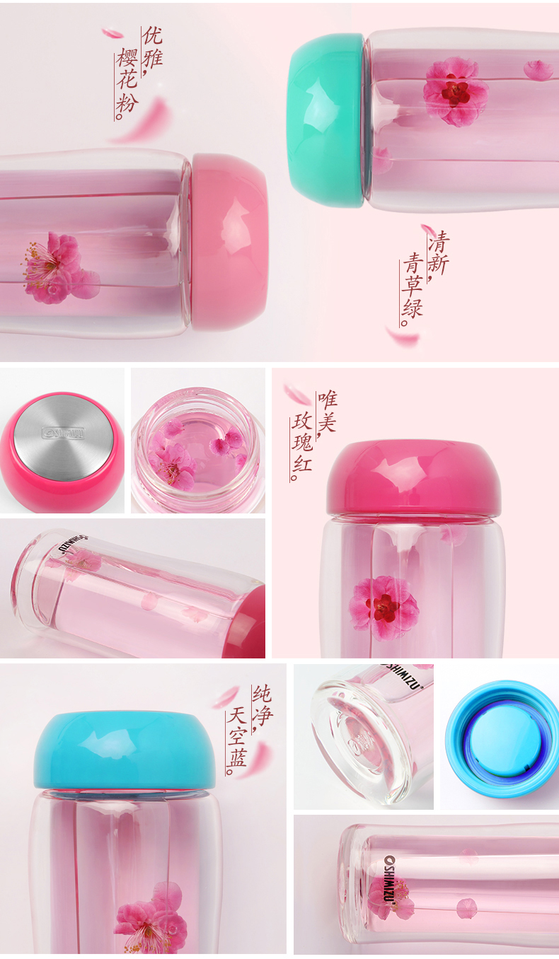 清水雙層玻璃杯便攜可愛透明花茶水杯加厚耐熱創(chuàng)意辦公水晶杯子