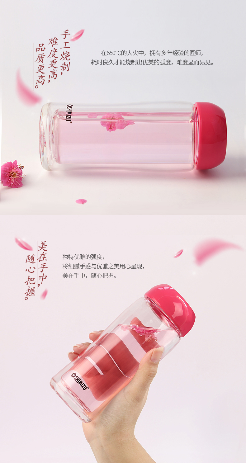 清水雙層玻璃杯便攜可愛透明花茶水杯加厚耐熱創(chuàng)意辦公水晶杯子