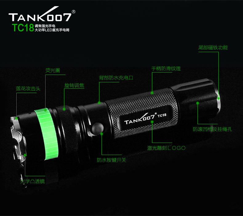 Tank007騎行強(qiáng)光手電筒TC18遠(yuǎn)射五檔調(diào)焦充電迷你防身自行車(chē)探照燈戶(hù)外家用手電