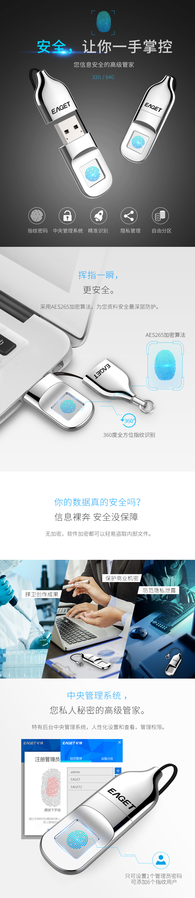 憶捷（EAGET）FU5指紋加密U盤(pán)64G數(shù)據(jù)安全保護(hù)
