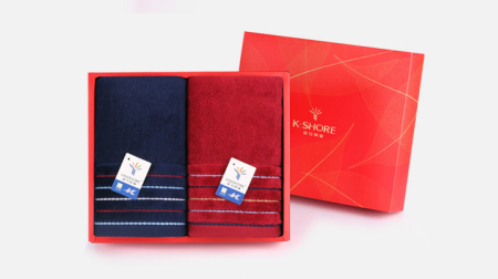 金號真彩毛巾、面巾二條禮盒裝（深藍(lán)/紅）