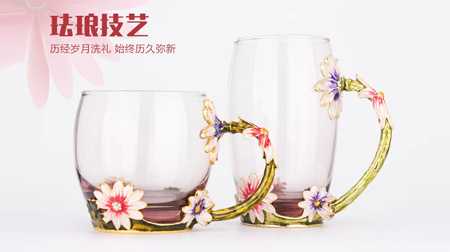 創(chuàng)意琺瑯彩玻璃水杯、情侶茶杯、花茶杯情人節(jié)禮物（對杯）
